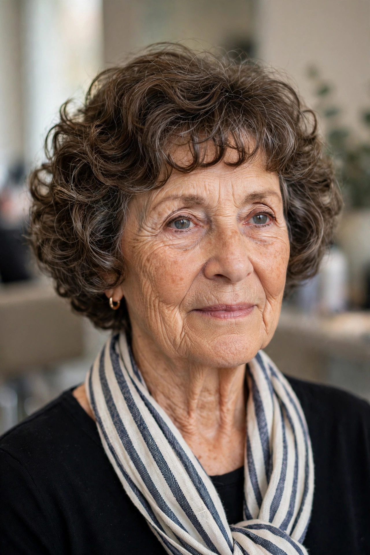 Curly French Bob - curly hairstyle for a woman over 60 with natural bounce