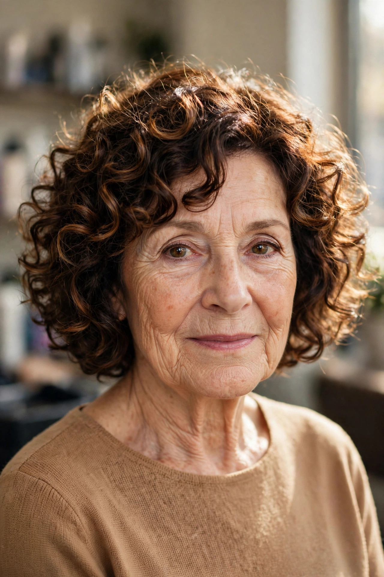 Curly Bob with Caramel Highlights - curly hairstyle for a woman over 60 with natural bounce