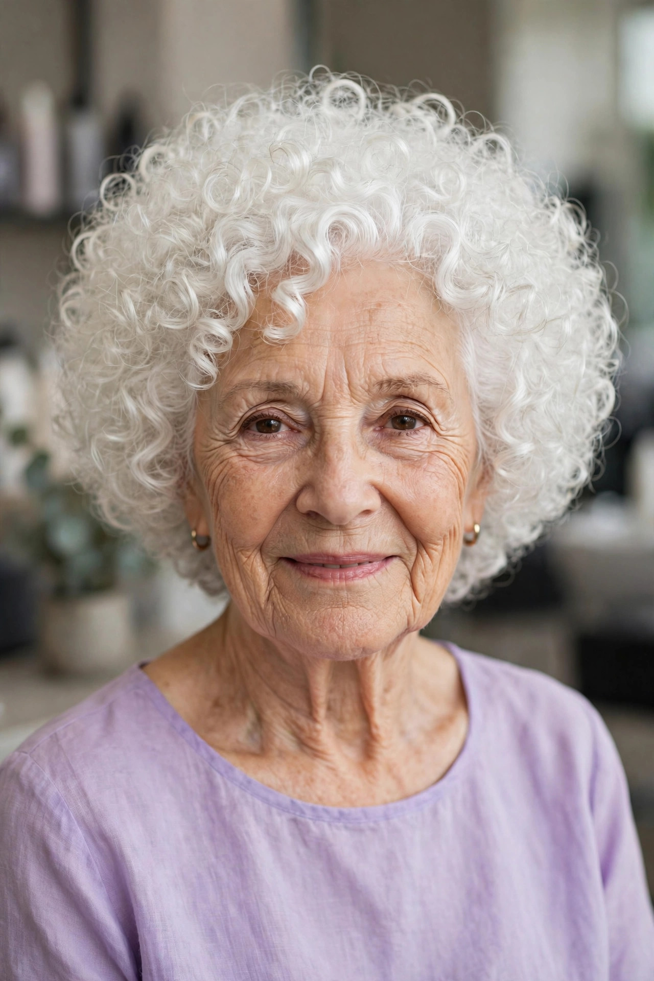 Rounded White Curly Halo Cut - curly hairstyle for a woman over 60 with natural bounce