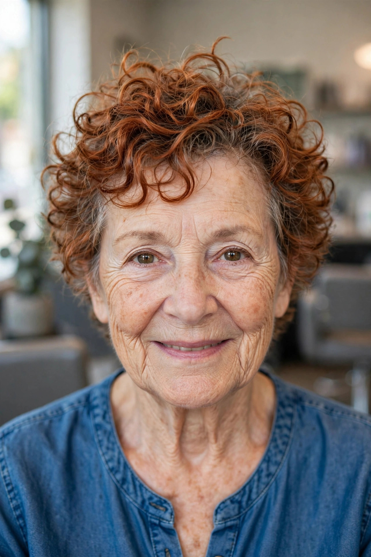 Tousled Copper Curly Crop - curly hairstyle for a woman over 60 with natural bounce