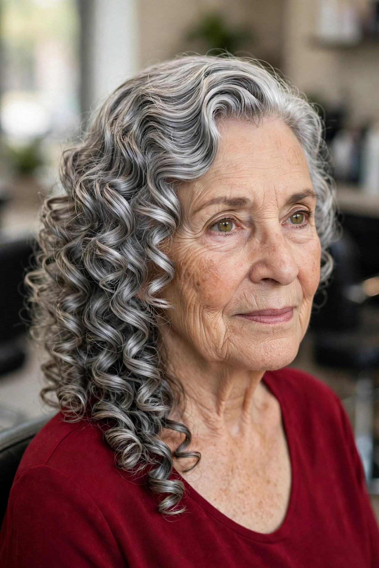 Shoulder-Length Curls with a Deep Side Sweep - curly hairstyle for a woman over 60 with natural bounce