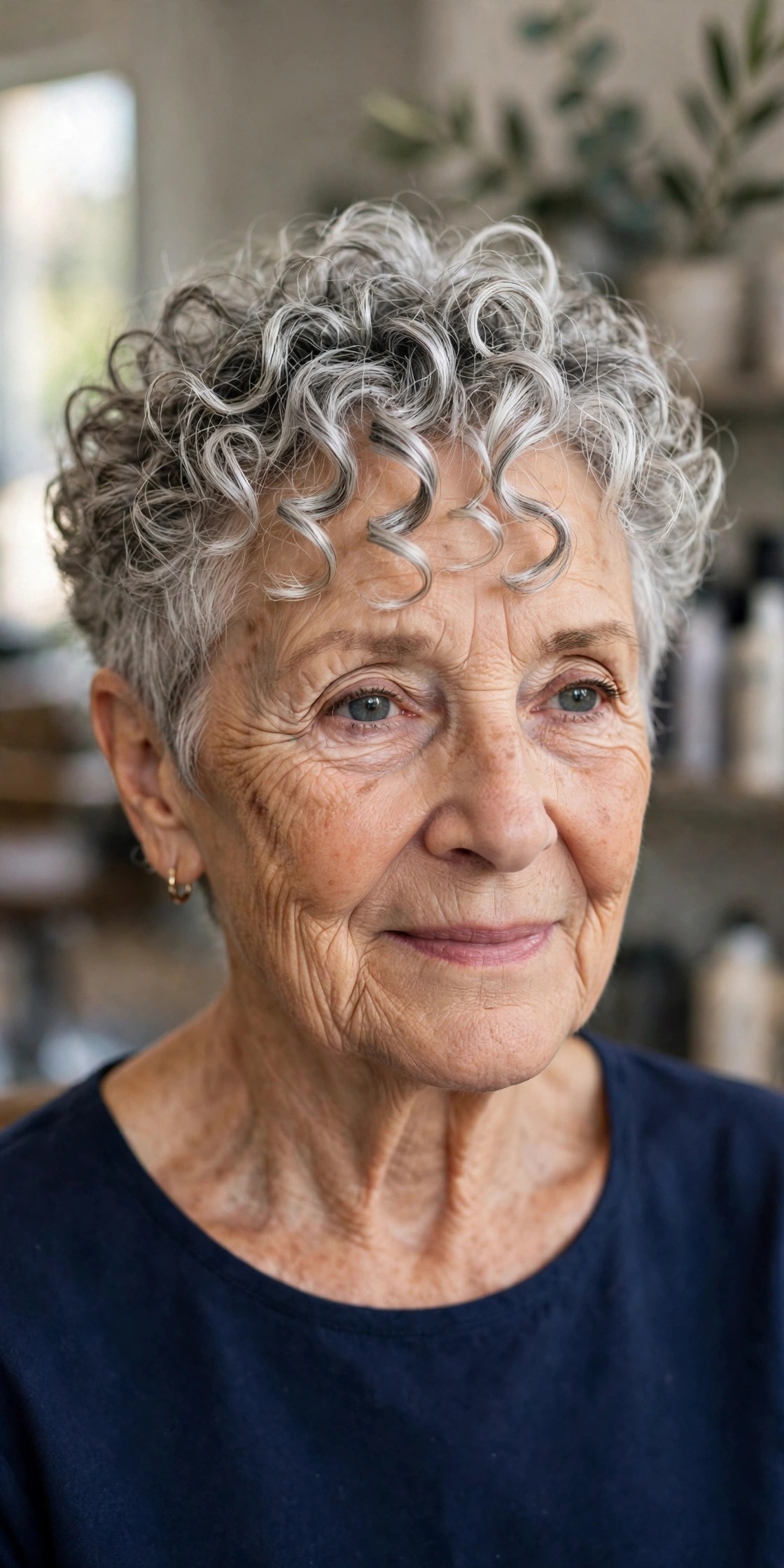 Curly Pixie with a Longer Curly Top - curly hairstyle for a woman over 60 with natural bounce