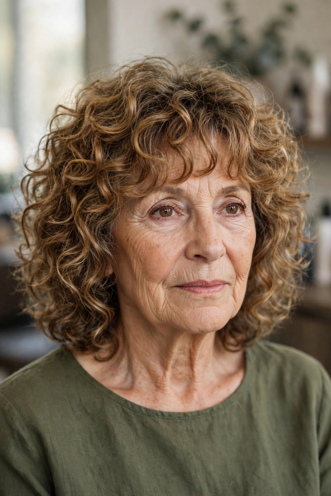 Layered Curly Shag with a Curtain Fringe - curly hairstyle for a woman over 60 with natural bounce