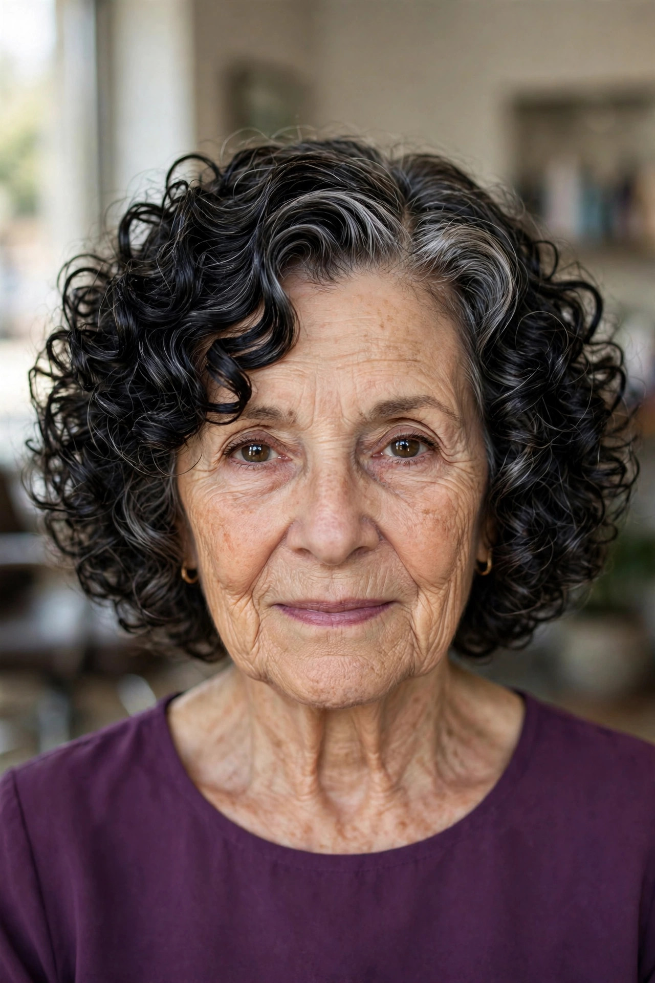 Chin-Length Curly Bob with a Deep Side Part - curly hairstyle for a woman over 60 with natural bounce