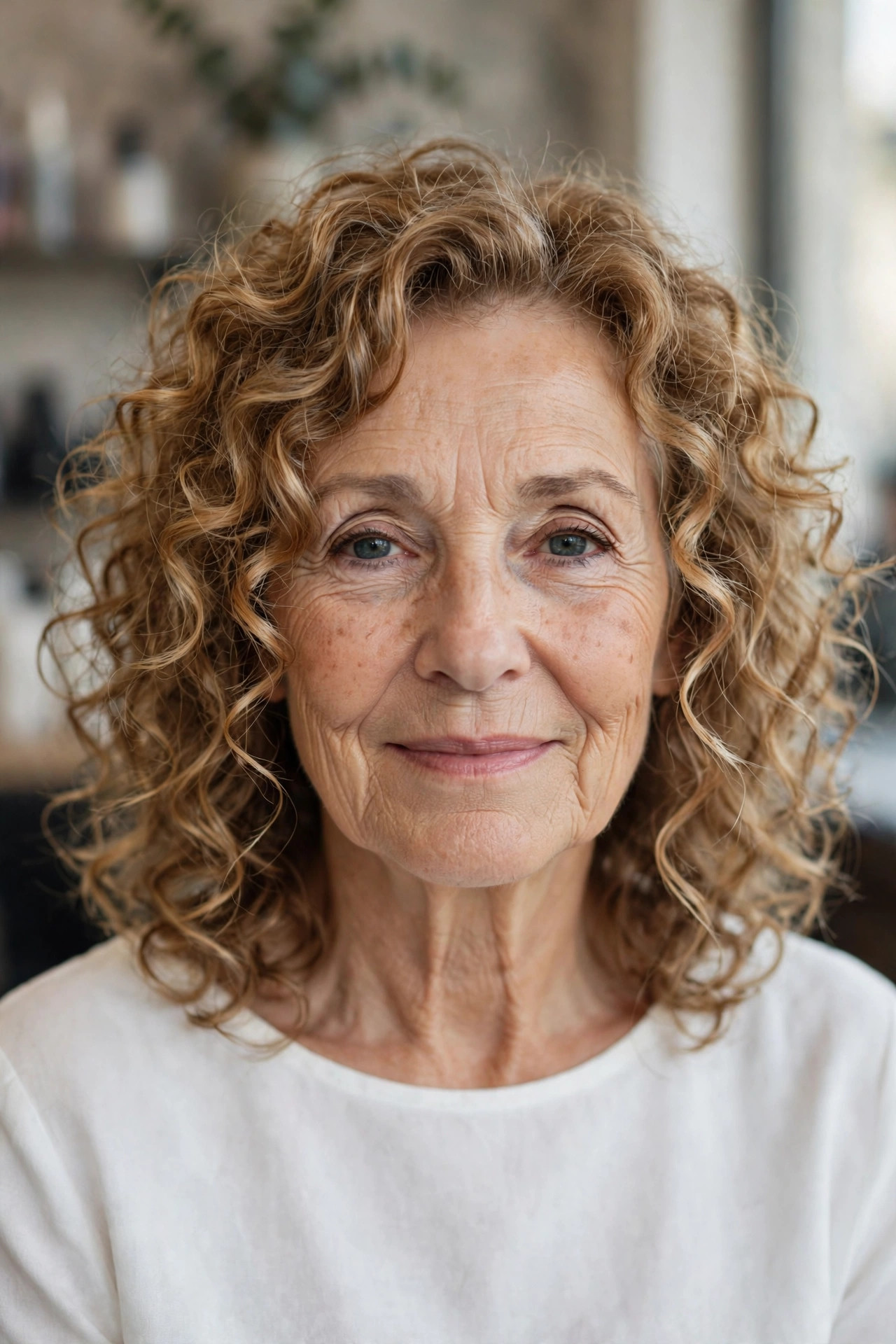 Curly Lob with Face-Framing Tendrils - curly hairstyle for a woman over 60 with natural bounce