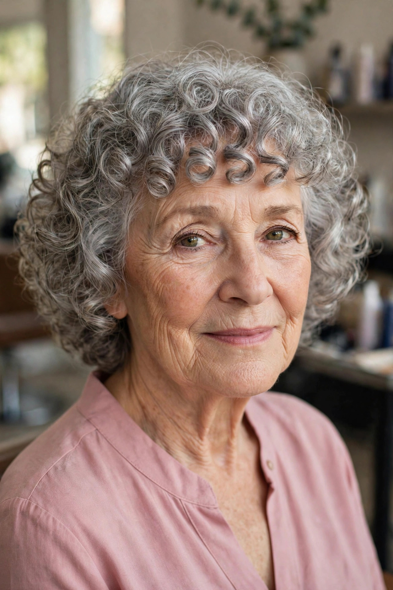 Soft Gray Curls with a Curly Fringe - curly hairstyle for a woman over 60 with natural bounce
