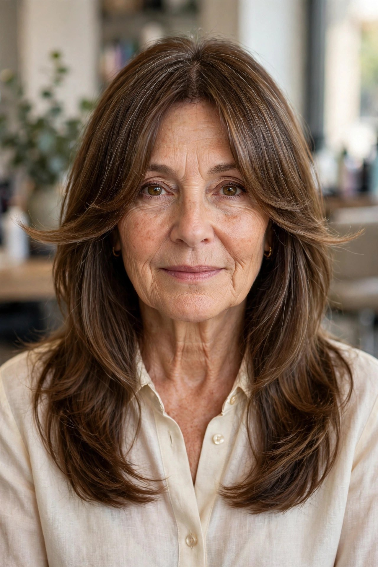 Classic curtain bangs with long layers on a woman over 50