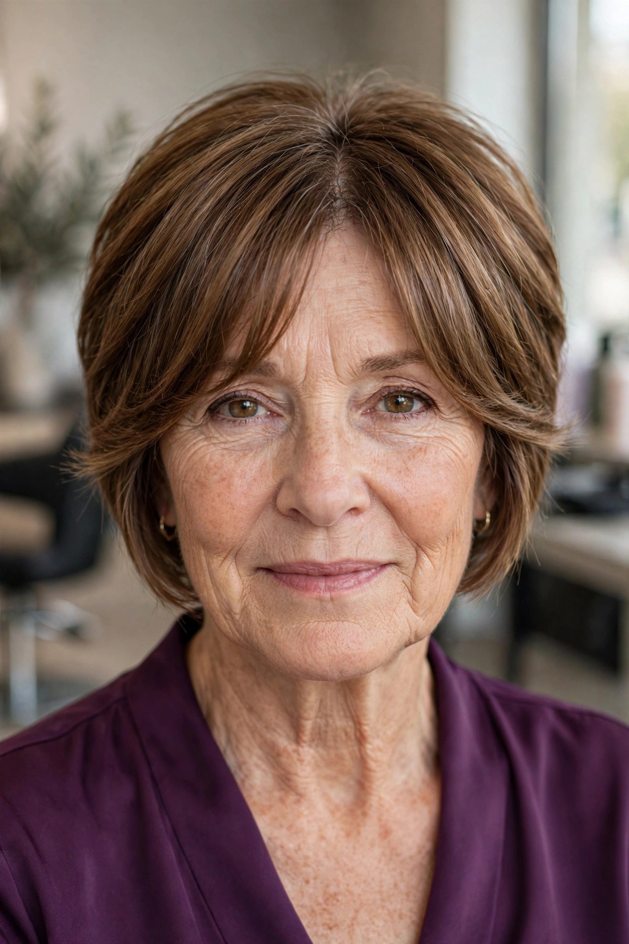Curtain bangs with a layered pixie-bob on a woman over 50