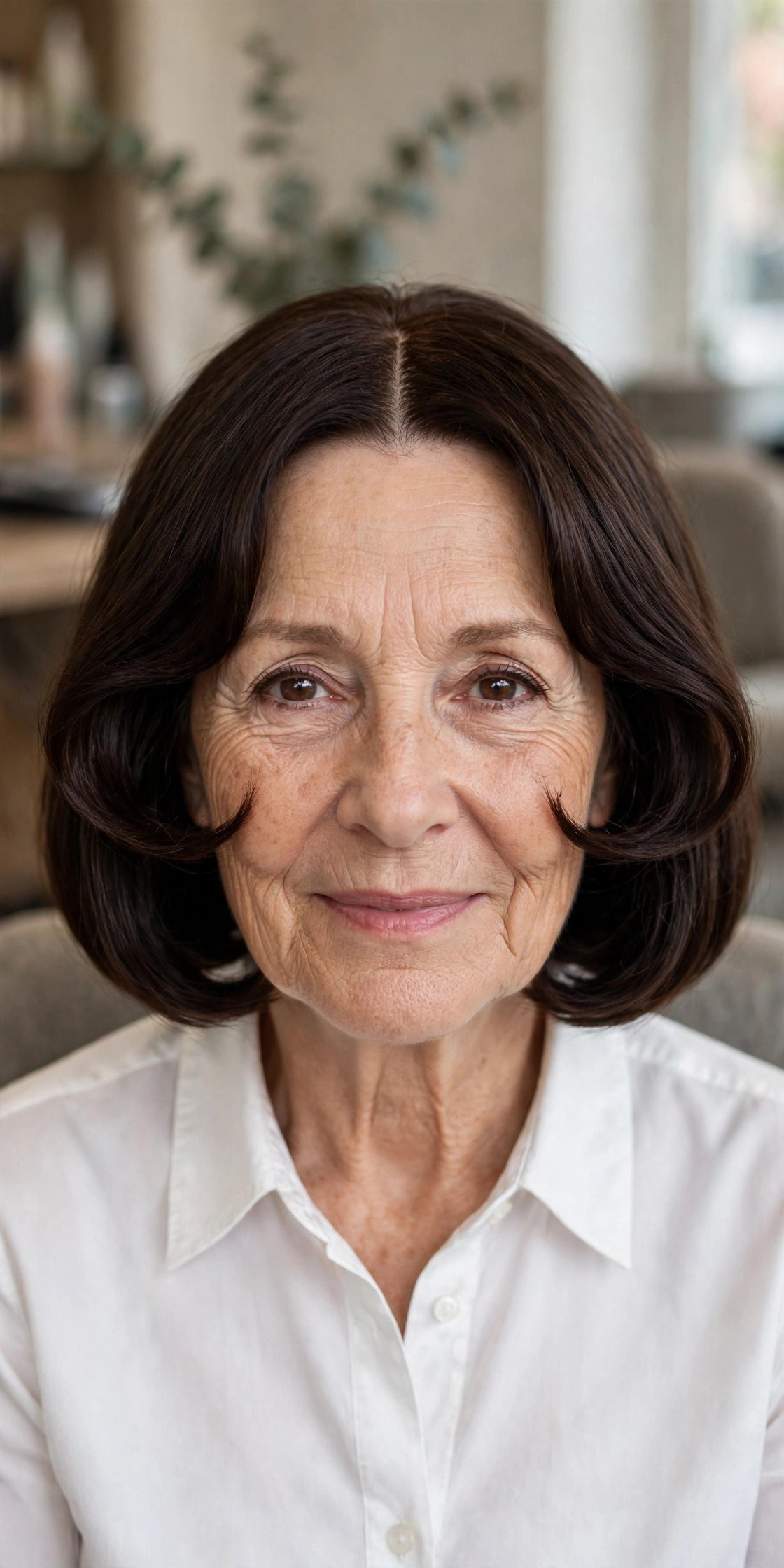 Curtain bangs with a French bob on a woman over 50