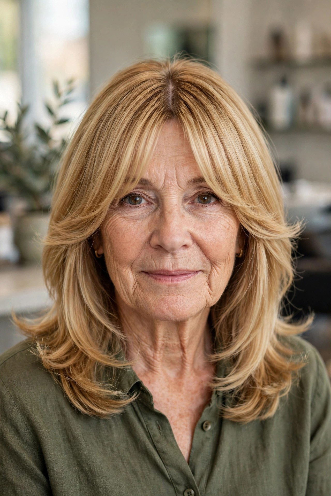 Curtain bangs with feathered layers on a woman over 50