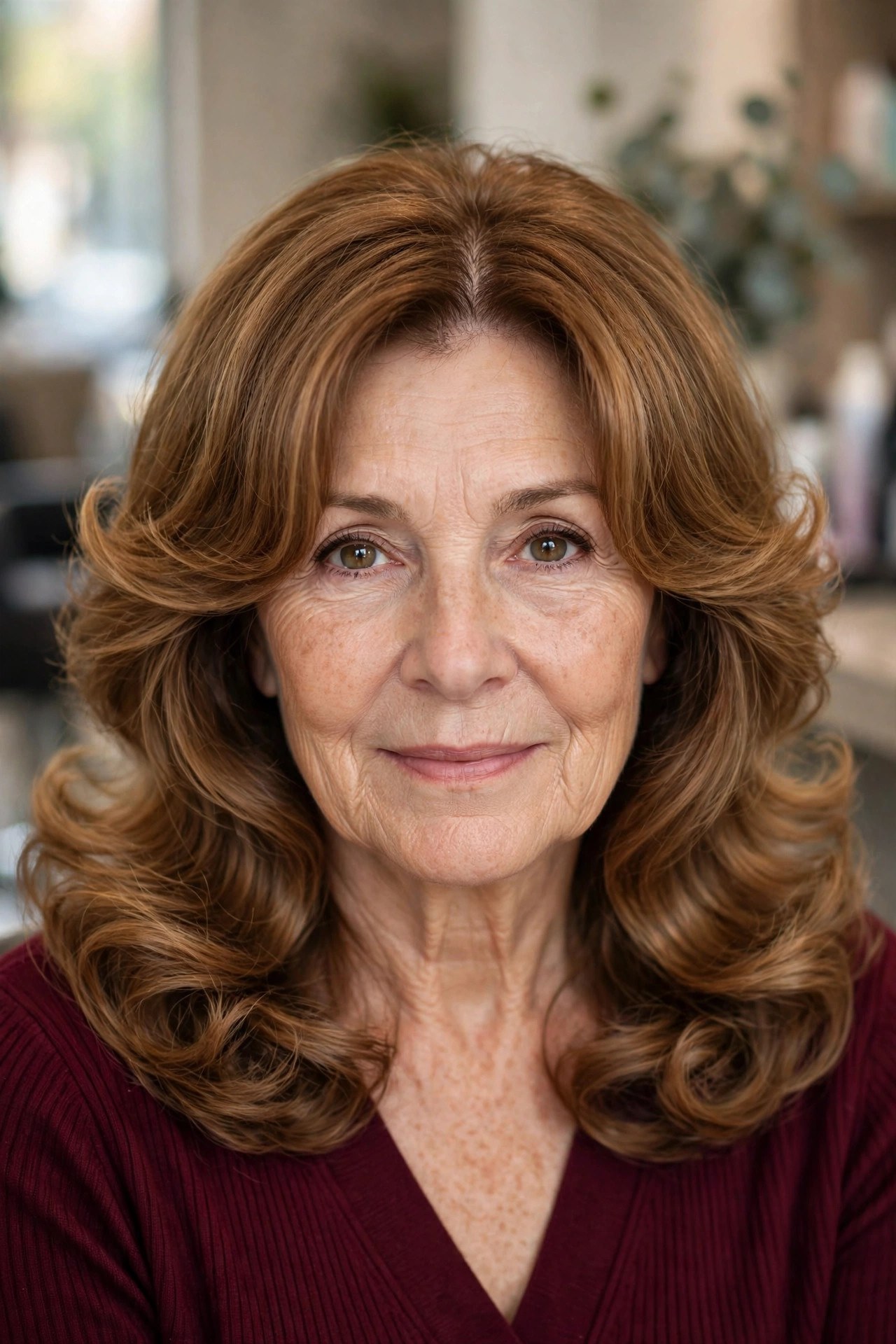 Curtain bangs with a voluminous blowout on a woman over 50