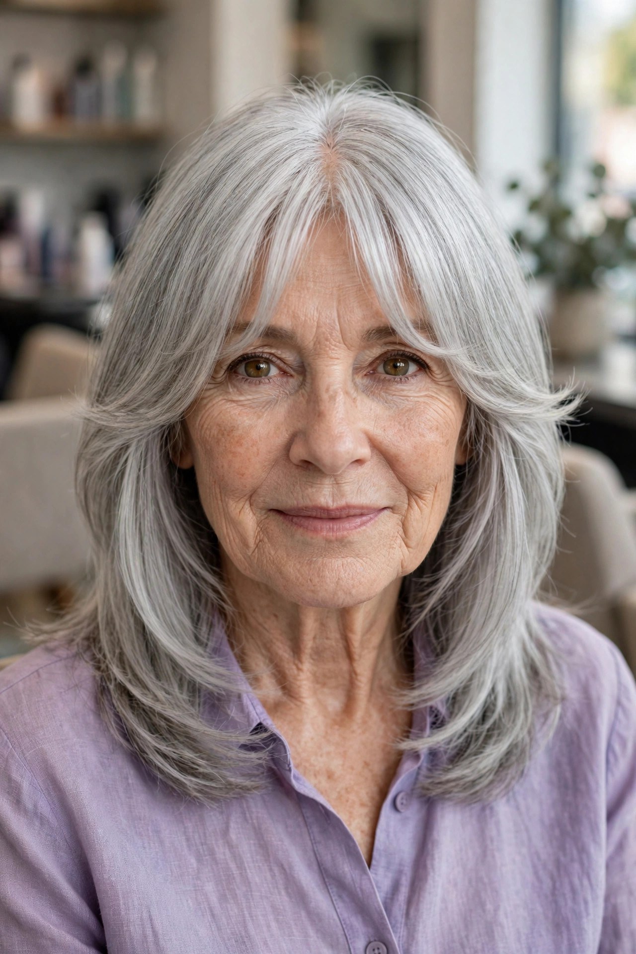 Curtain bangs with silver midi hair on a woman over 50
