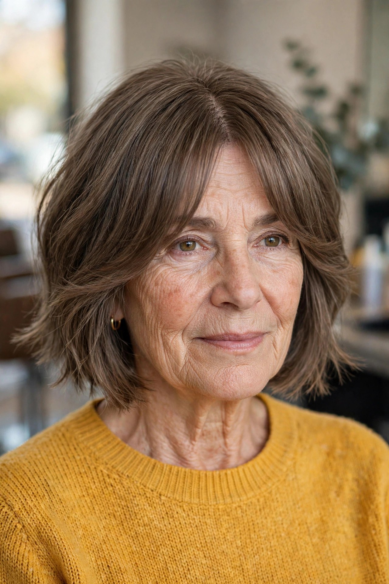 Curtain bangs with a textured crop bob on a woman over 50
