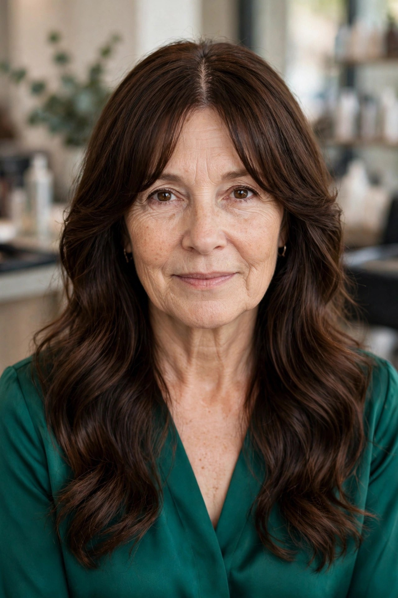 Curtain bangs with long wavy hair on a woman over 50