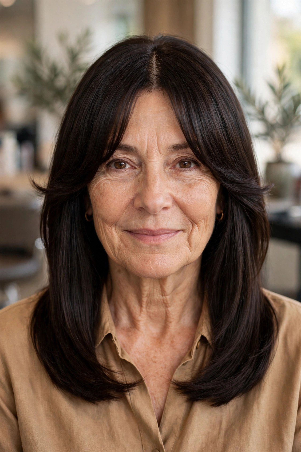 Curtain bangs with a sleek straight midi cut on a woman over 50