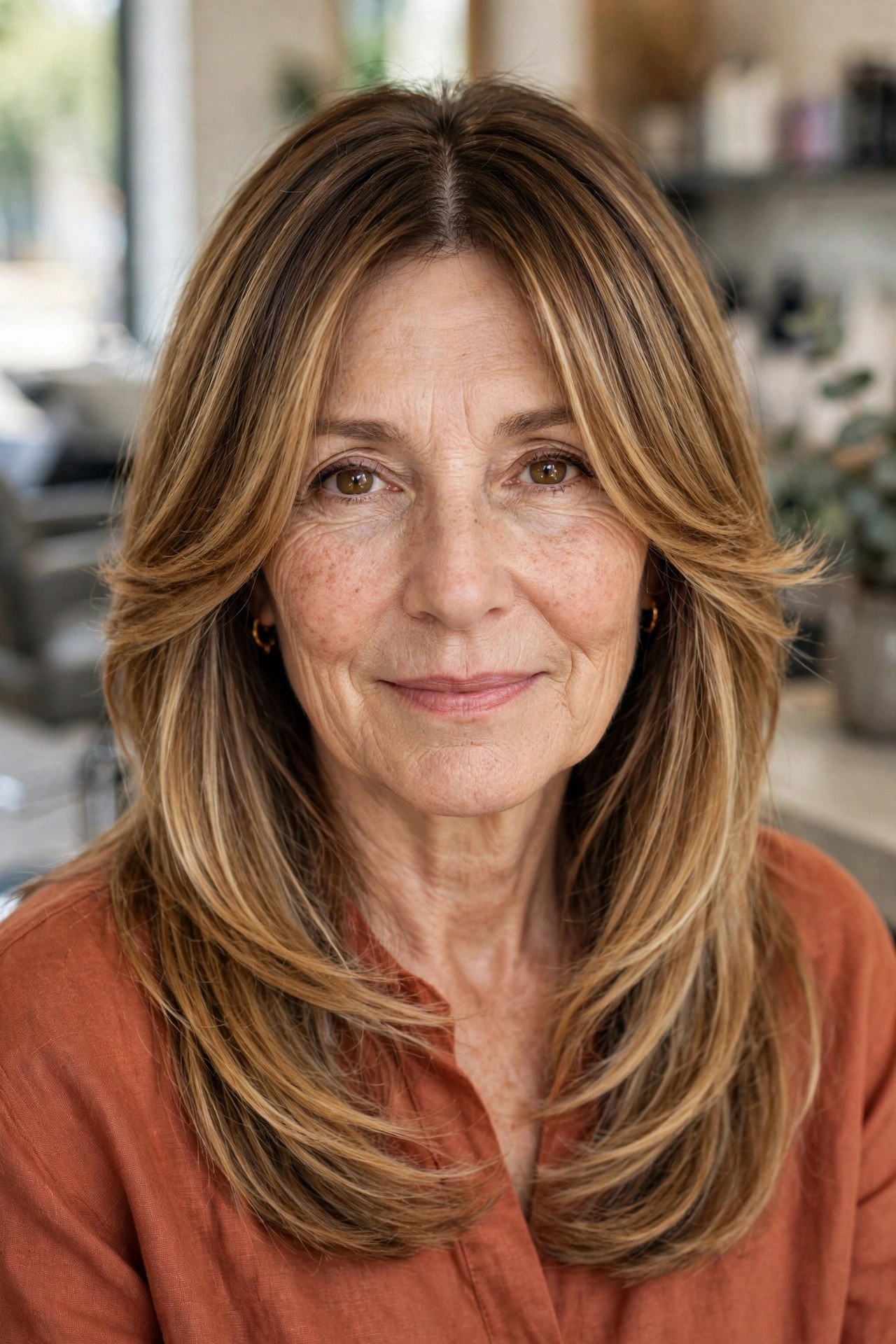 Curtain bangs with balayage layers on a woman over 50