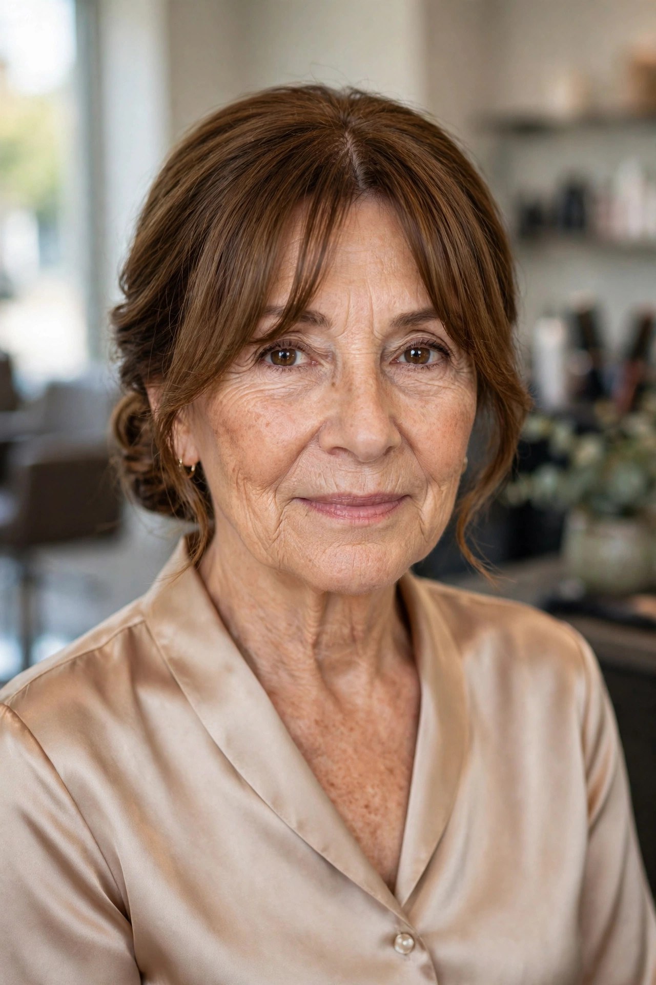 Curtain bangs with a soft updo on a woman over 50