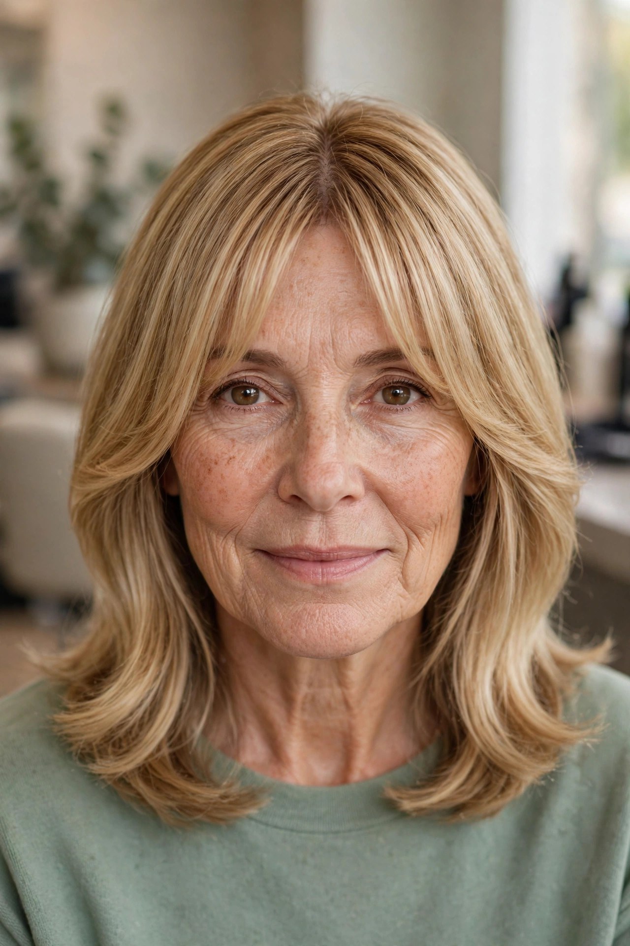 Curtain bangs with a shoulder-length lob on a woman over 50