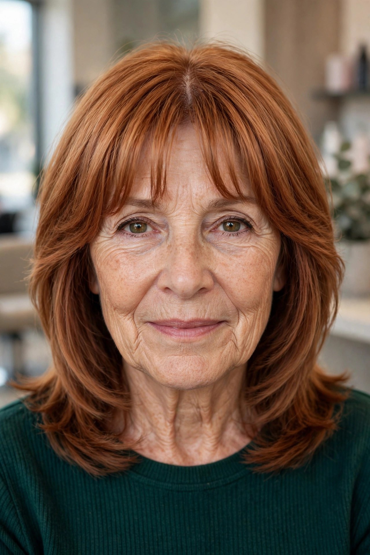 Short curtain bangs with a collarbone cut on a woman over 50
