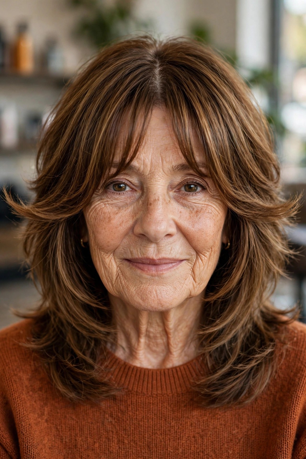 Curtain bangs with a modern shag haircut on a woman over 50