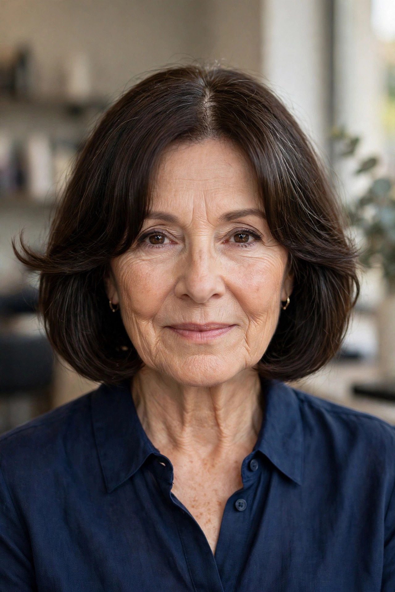 Curtain bangs with a classic bob on a woman over 50