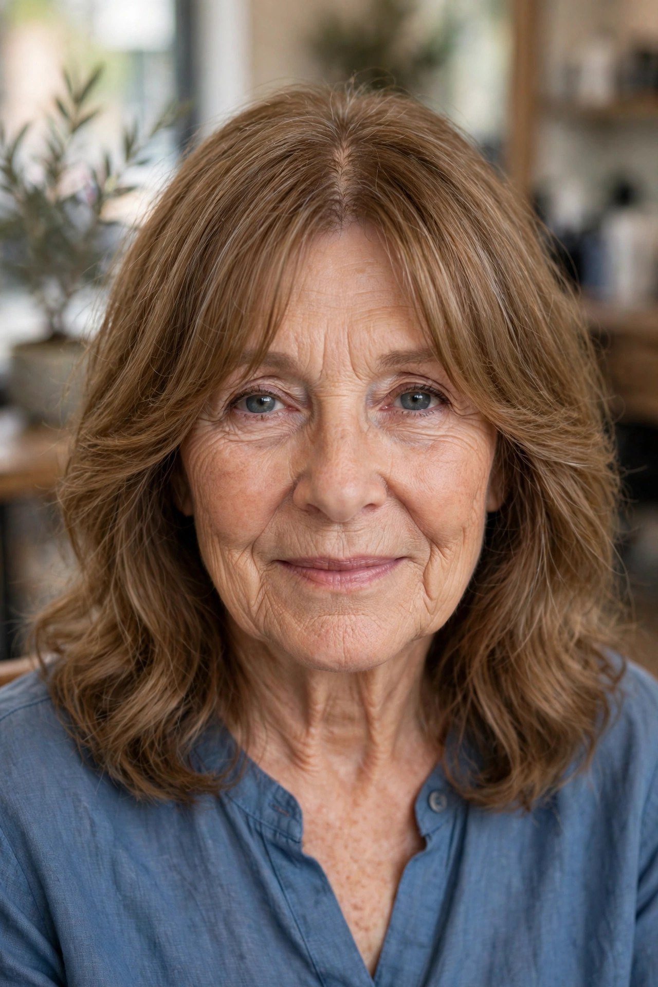 Curtain bangs with wavy midi hair on a woman over 50