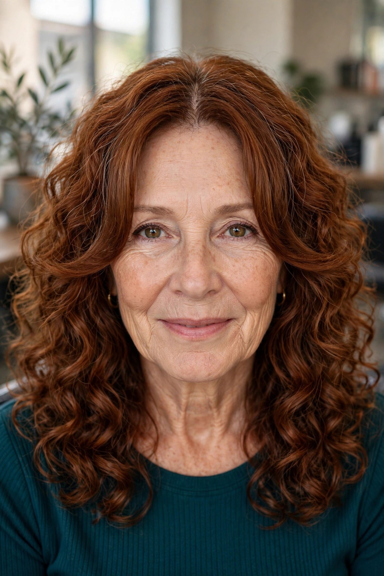 Curtain bangs with natural curls on a woman over 50