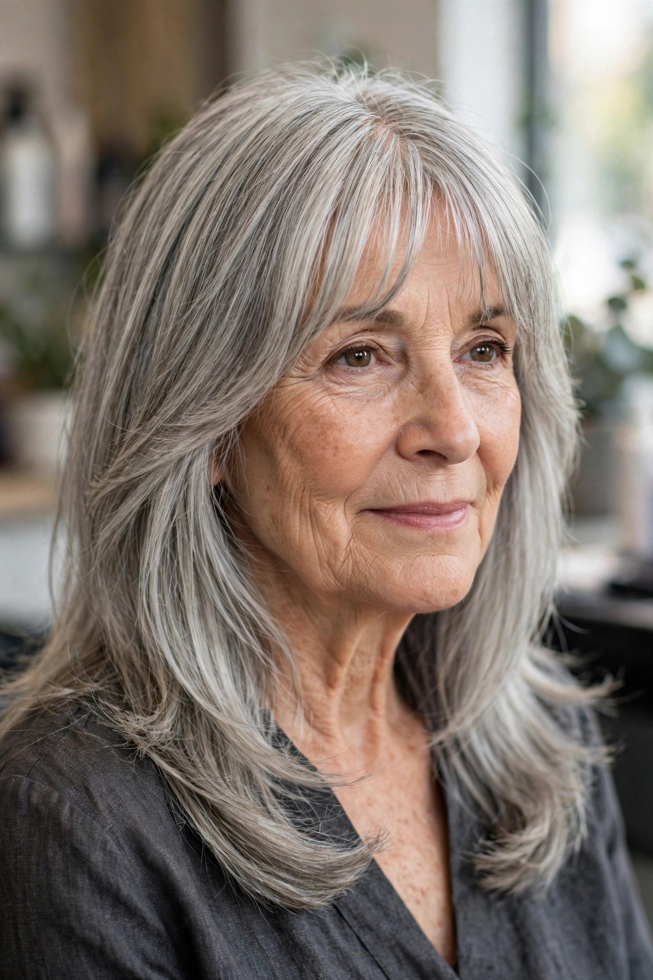 Gray-blended curtain bangs with long hair on a woman over 50