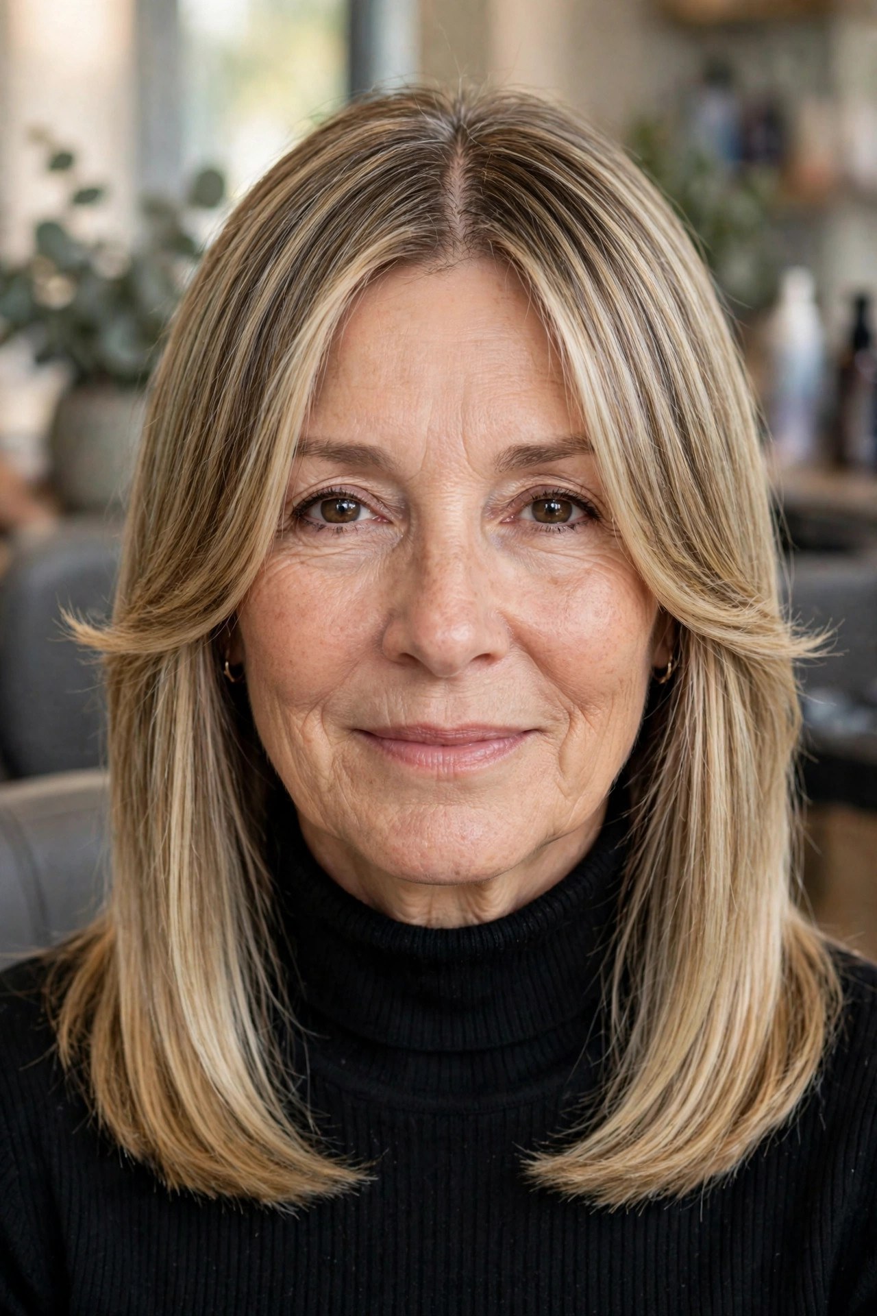 Curtain bangs with a blunt lob on a woman over 50