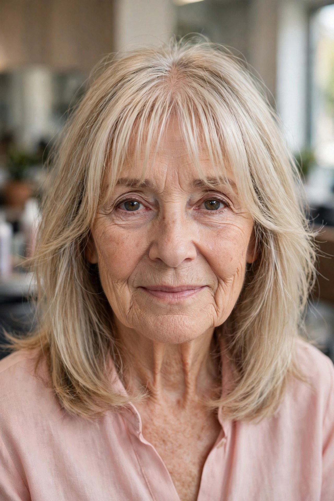 Wispy curtain bangs for fine hair on a woman over 50