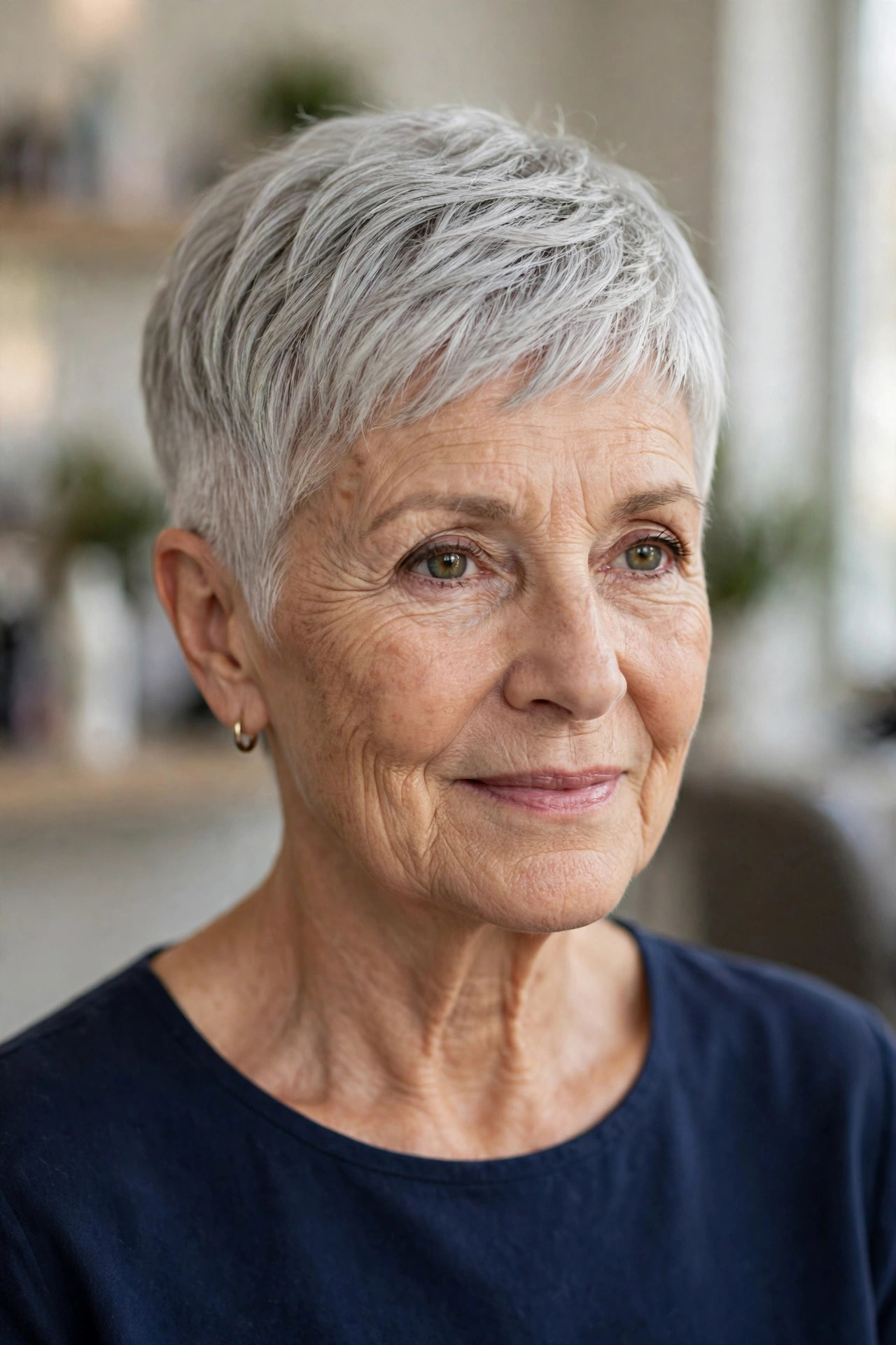 Classic Silver Pixie Crop - easy care short hairstyle for women over 60 who travel
