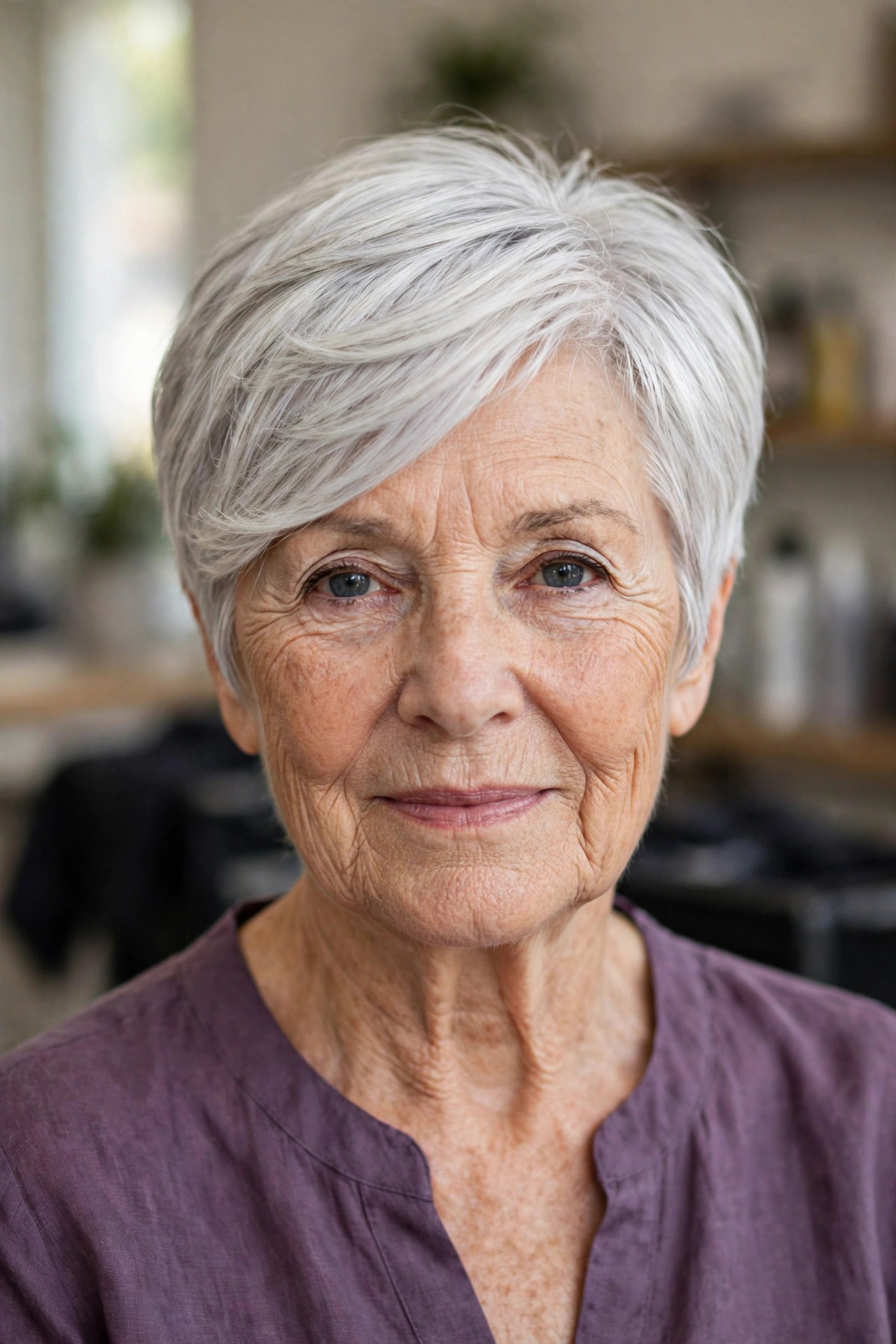 Side-Swept Pixie Bob - easy care short hairstyle for women over 60 who travel
