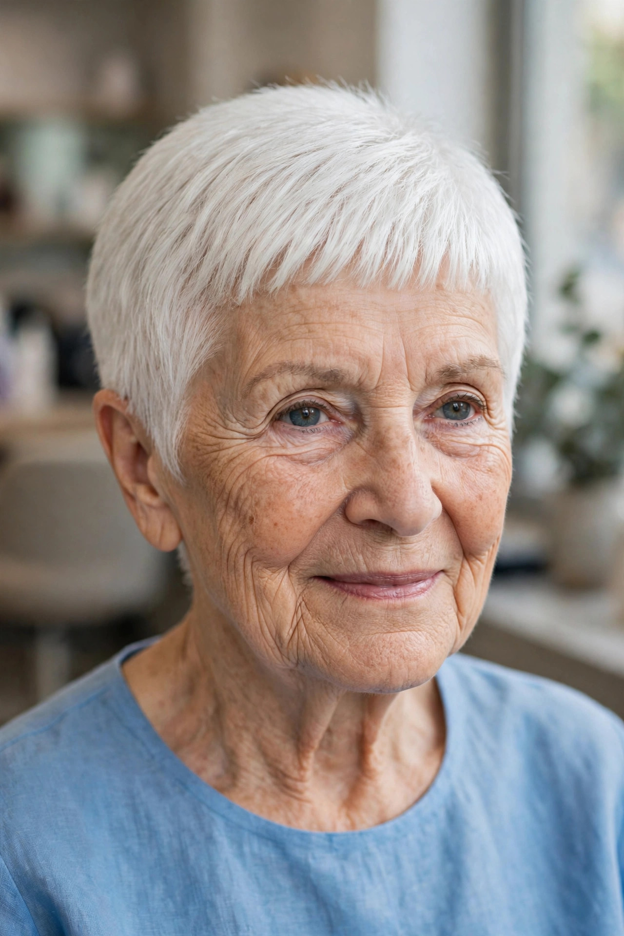 Rounded Crop with a Short Micro Fringe - easy care short hairstyle for women over 60 who travel