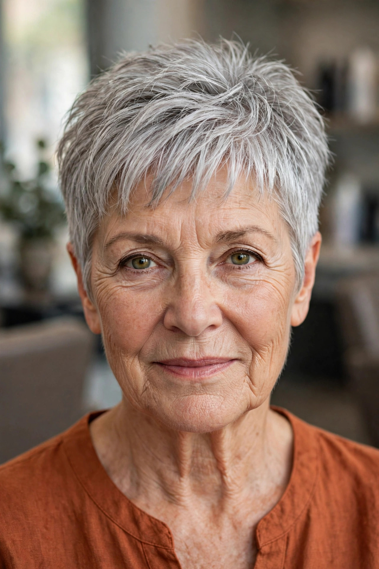 Silver Textured Crop with a Longer Top - easy care short hairstyle for women over 60 who travel