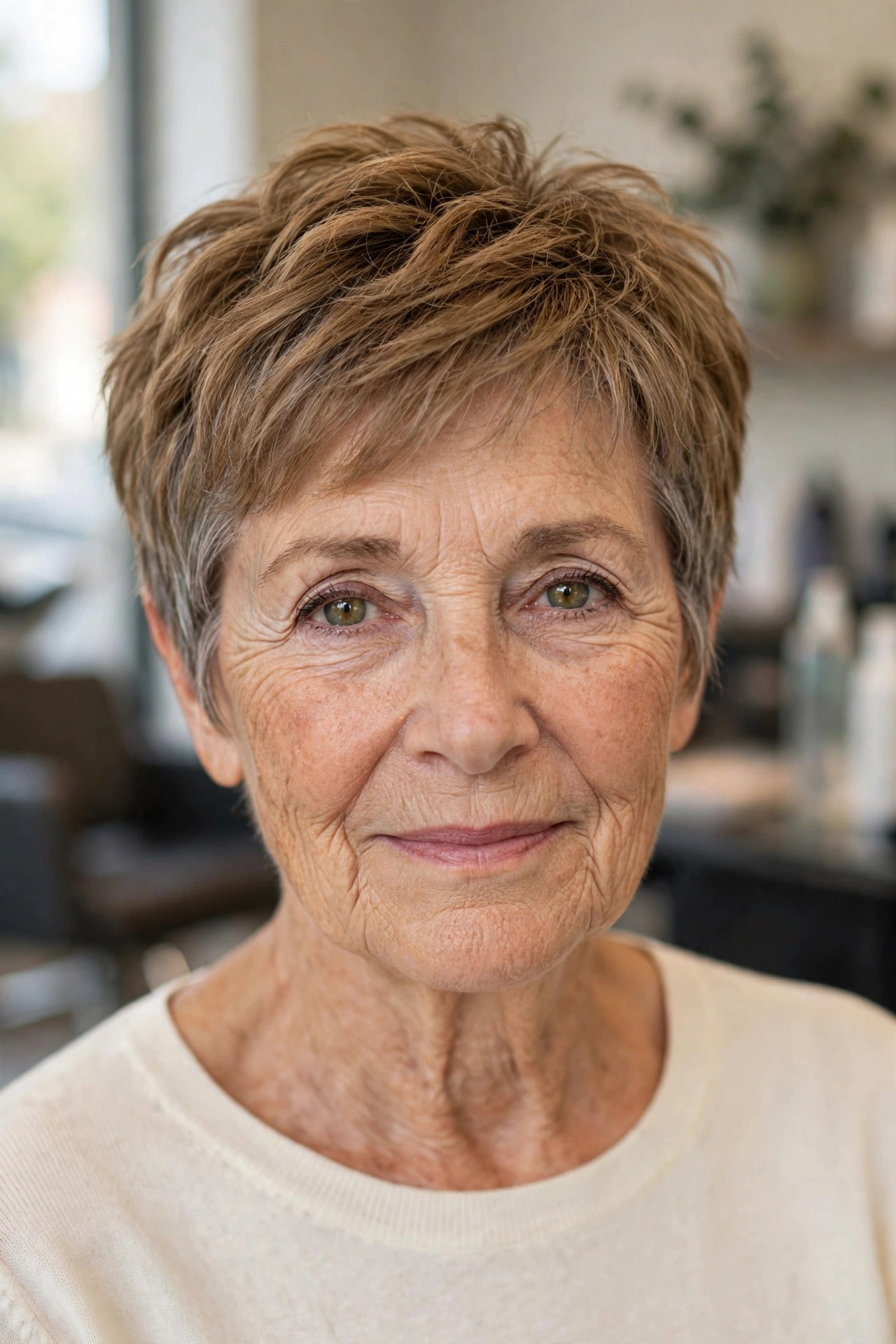 Wash-and-Go Textured Pixie - easy care short hairstyle for women over 60 who travel