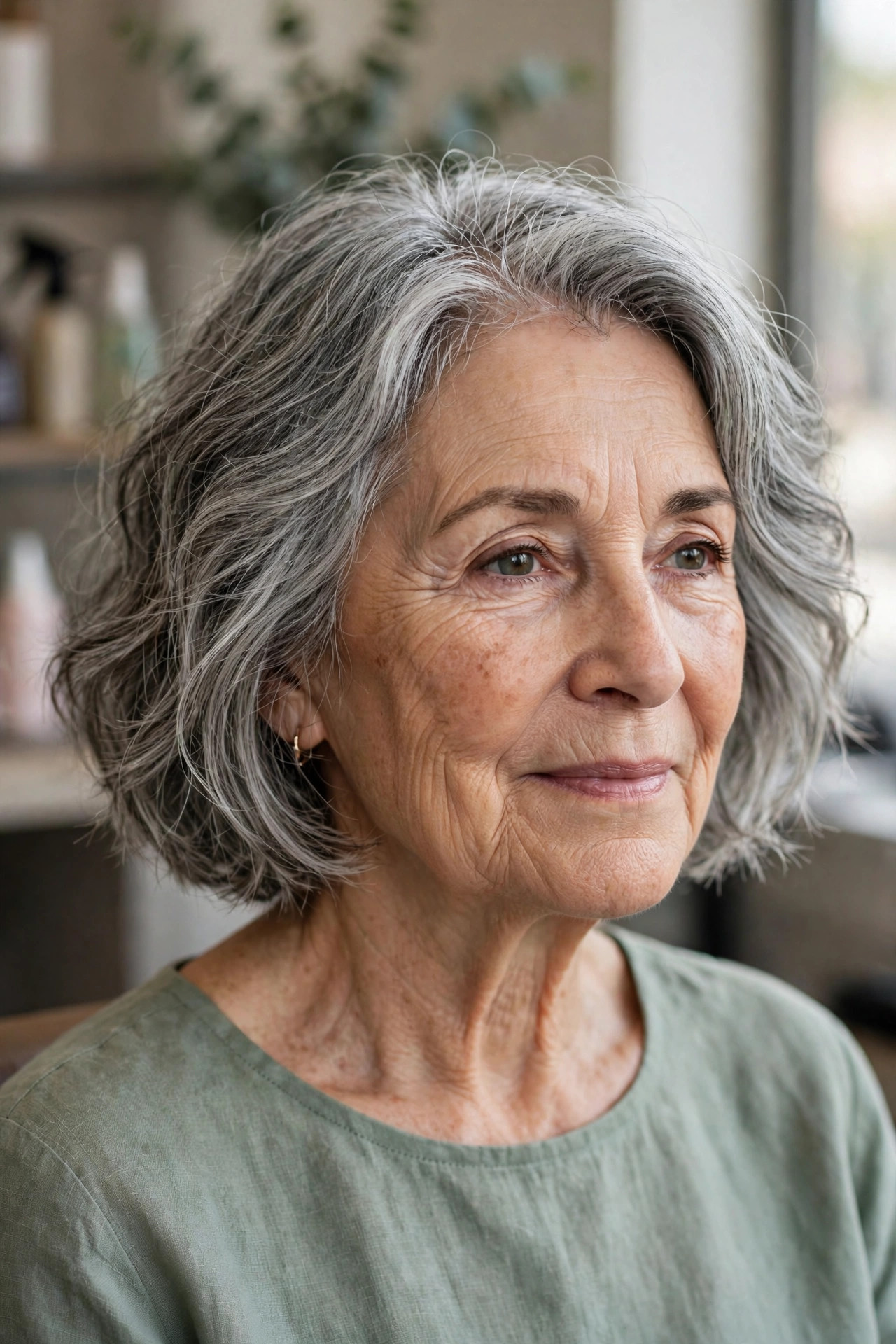 Chin-Length Bob with Air-Dry Waves - easy care short hairstyle for women over 60 who travel