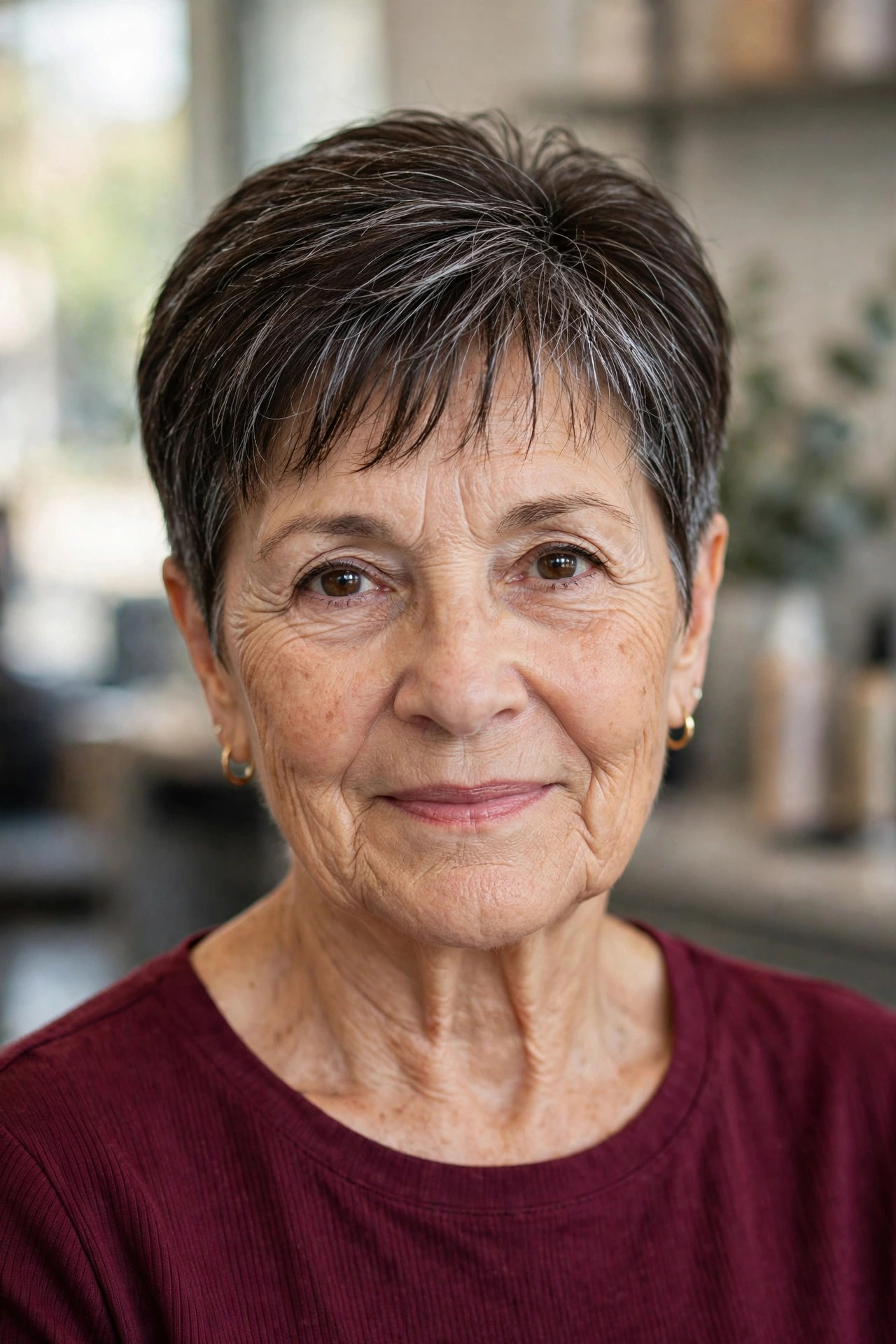 Tapered Crop with a Soft Fringe - easy care short hairstyle for women over 60 who travel