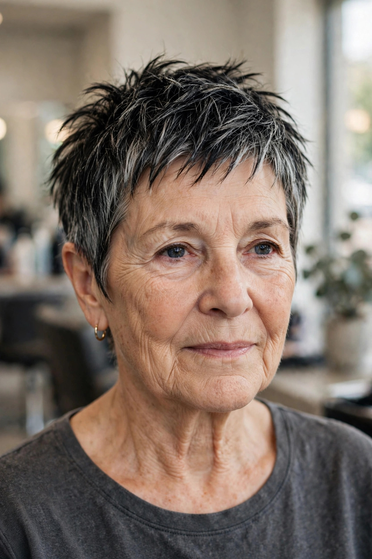 Salt-and-Pepper Choppy Crop - easy care short hairstyle for women over 60 who travel