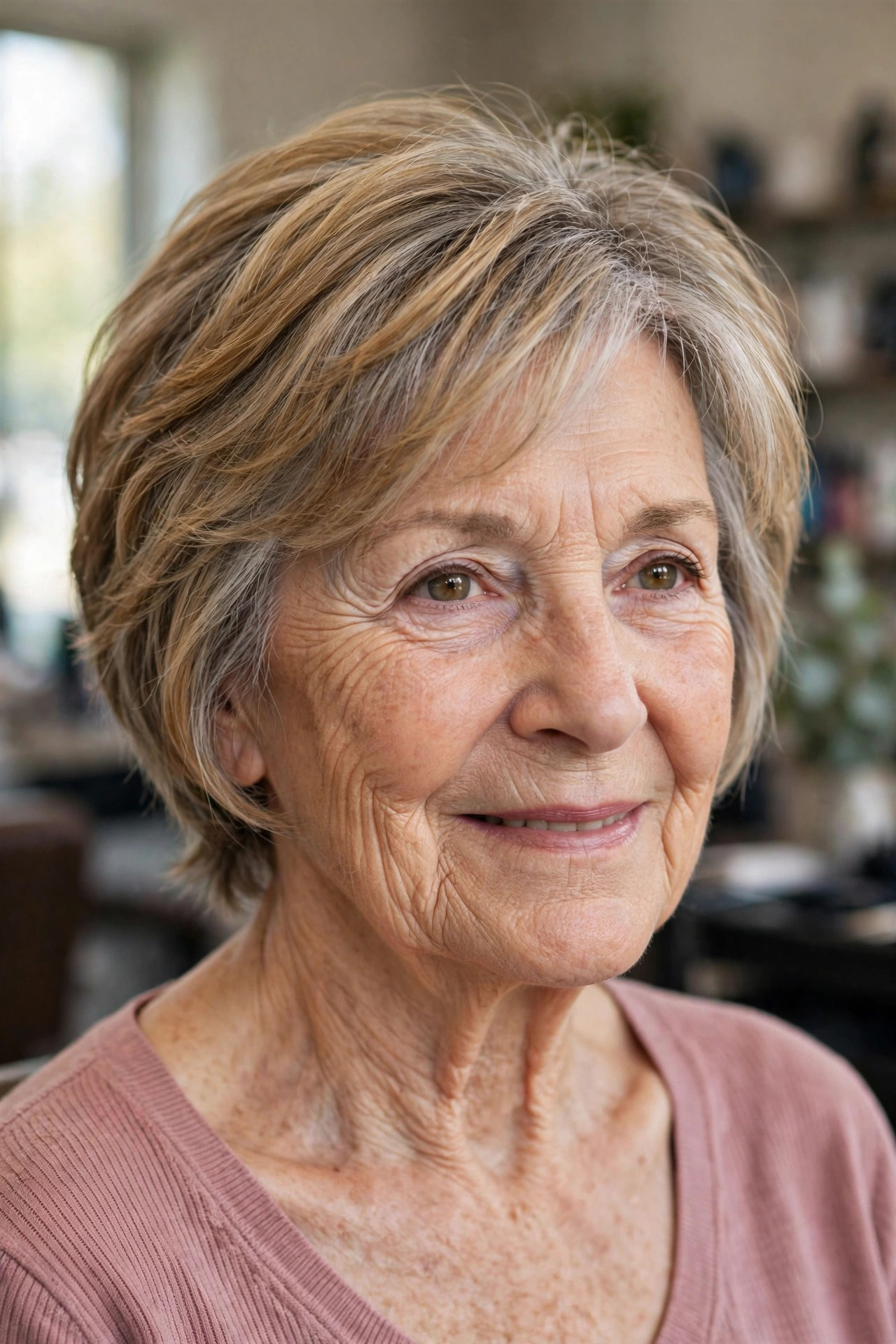Short Feathered Layers - easy care short hairstyle for women over 60 who travel
