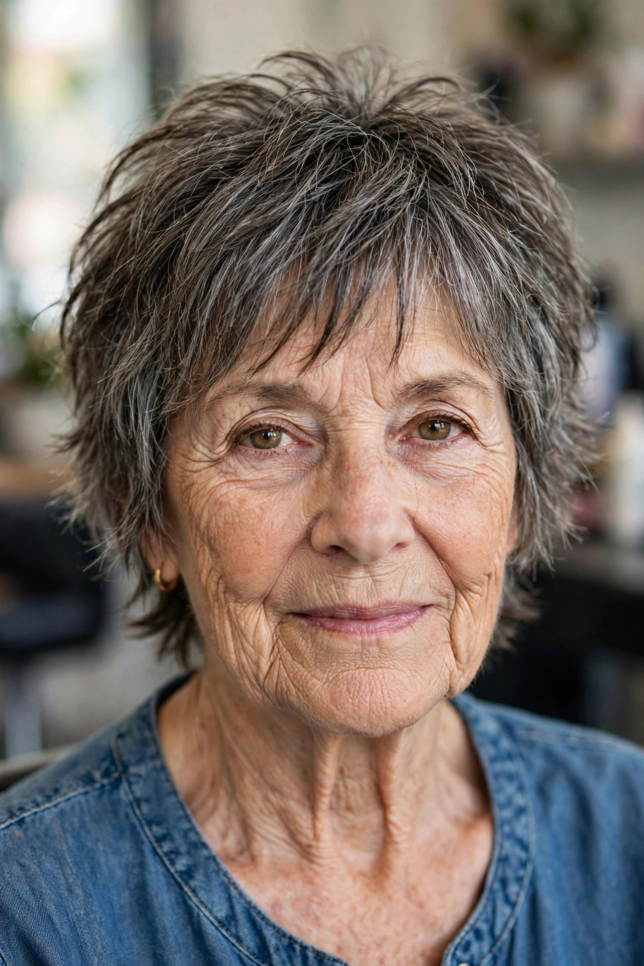 Natural Gray Wash-and-Wear Shag - easy care short hairstyle for women over 60 who travel