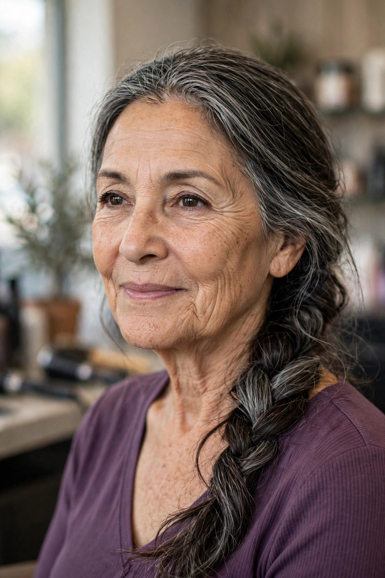 The Loose Low Braid on a woman over 50 - easy everyday hairstyle