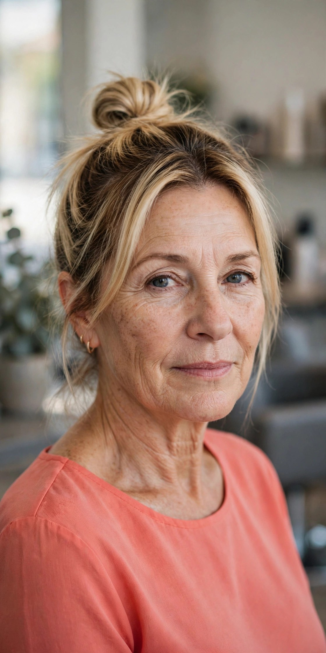 The Casual Top Knot on a woman over 50 - easy everyday hairstyle