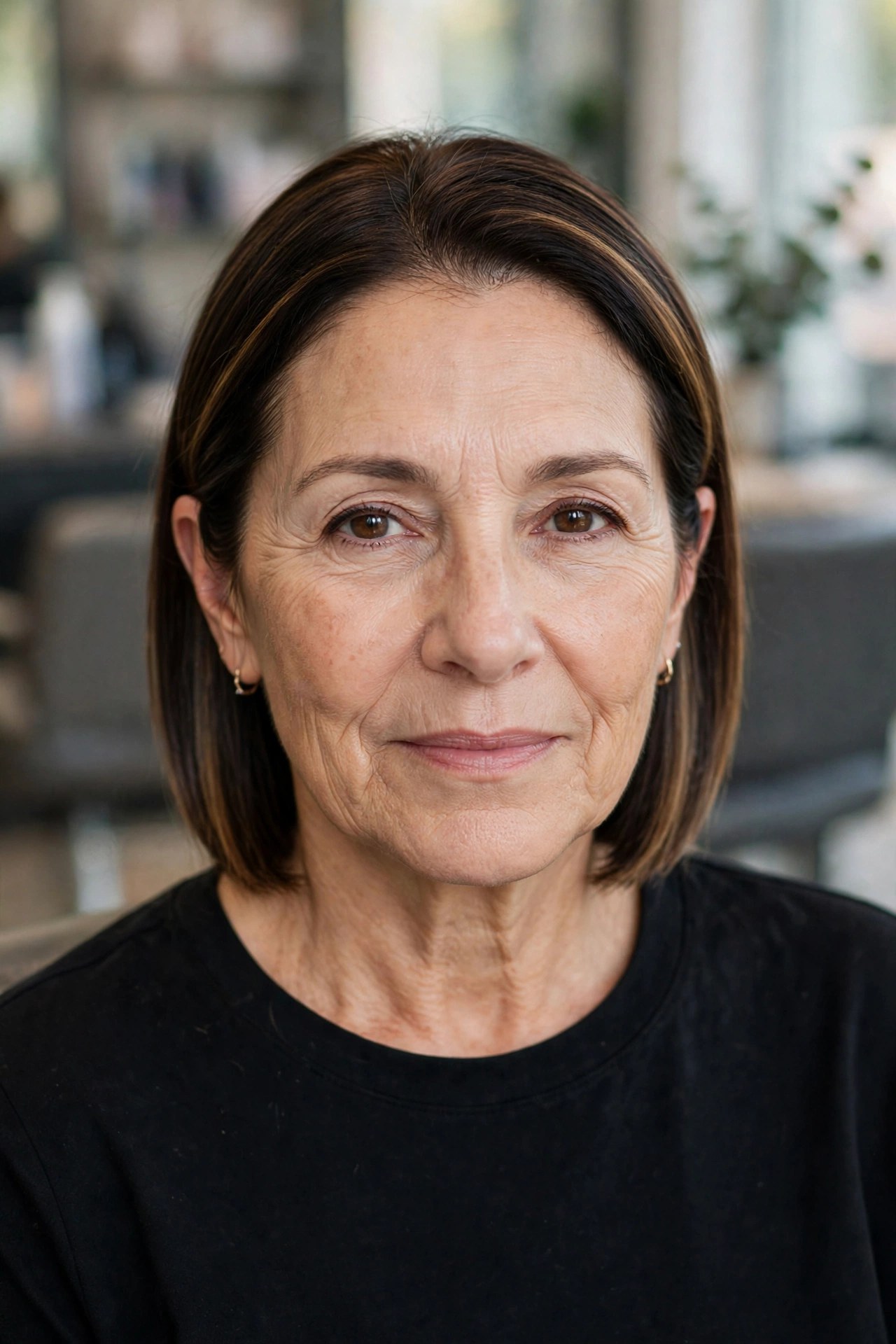 The Sleek Tucked-Behind-the-Ears Lob on a woman over 50 - easy everyday hairstyle