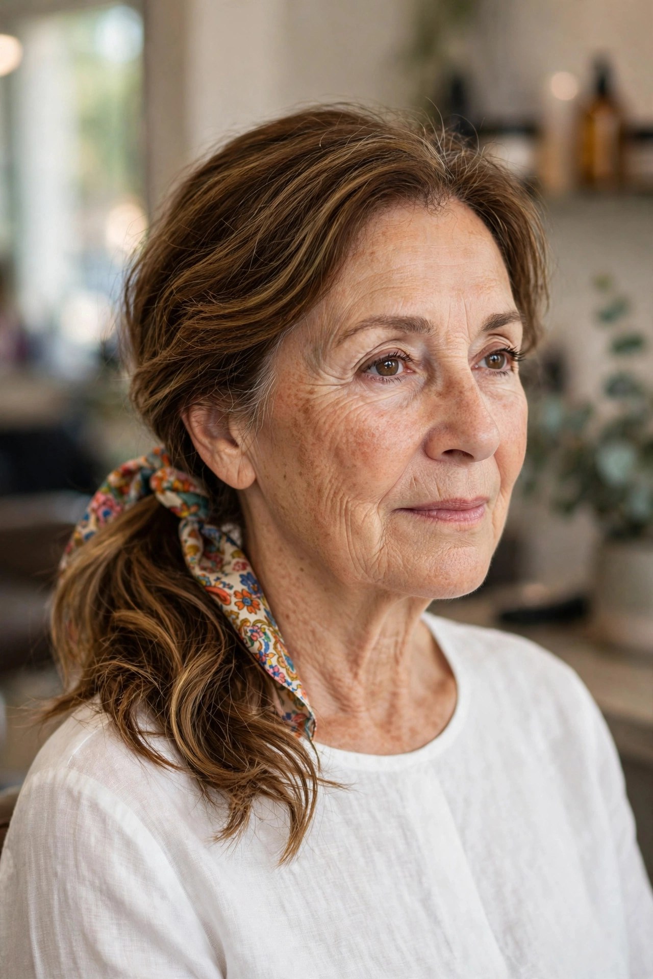 The Scarf-Tied Ponytail on a woman over 50 - easy everyday hairstyle