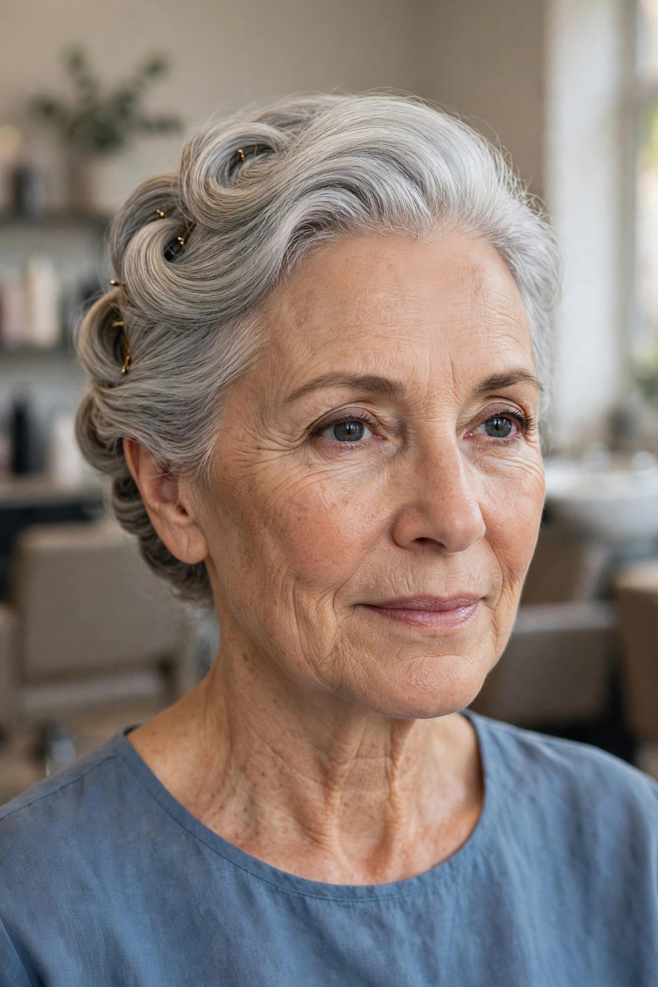 The Soft French Twist on a woman over 50 - easy everyday hairstyle