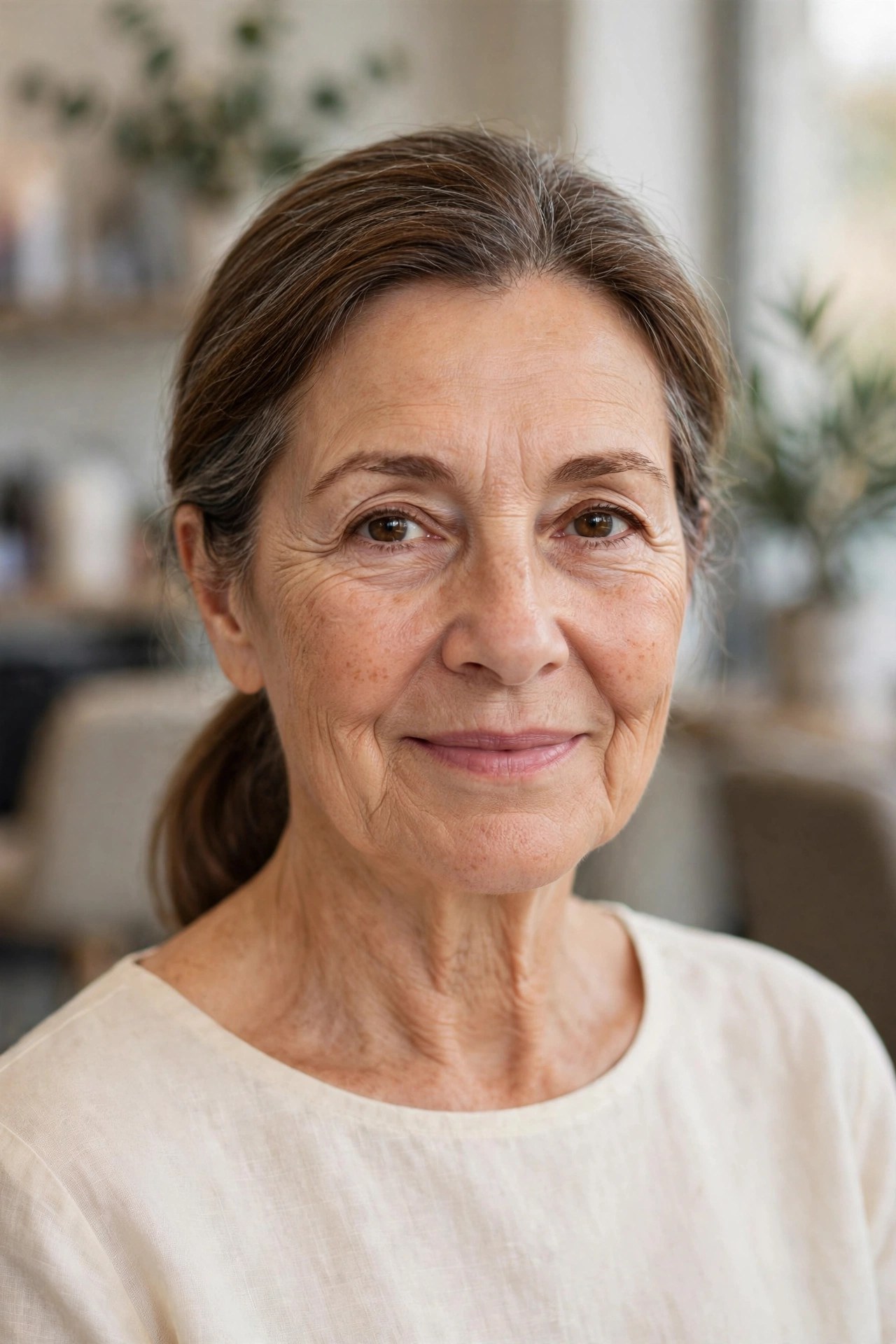The Polished Low Ponytail on a woman over 50 - easy everyday hairstyle