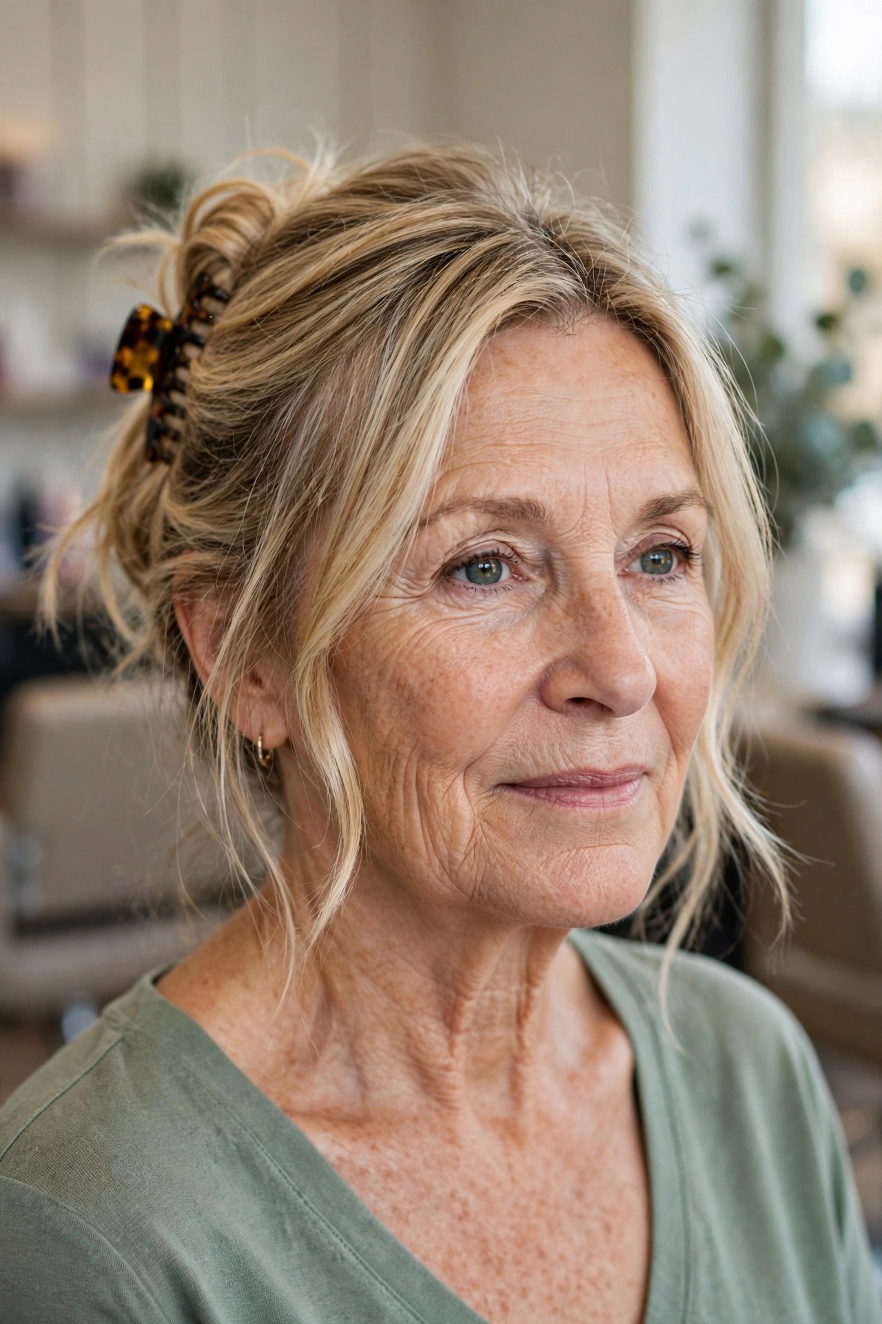 The Claw-Clip Twist on a woman over 50 - easy everyday hairstyle