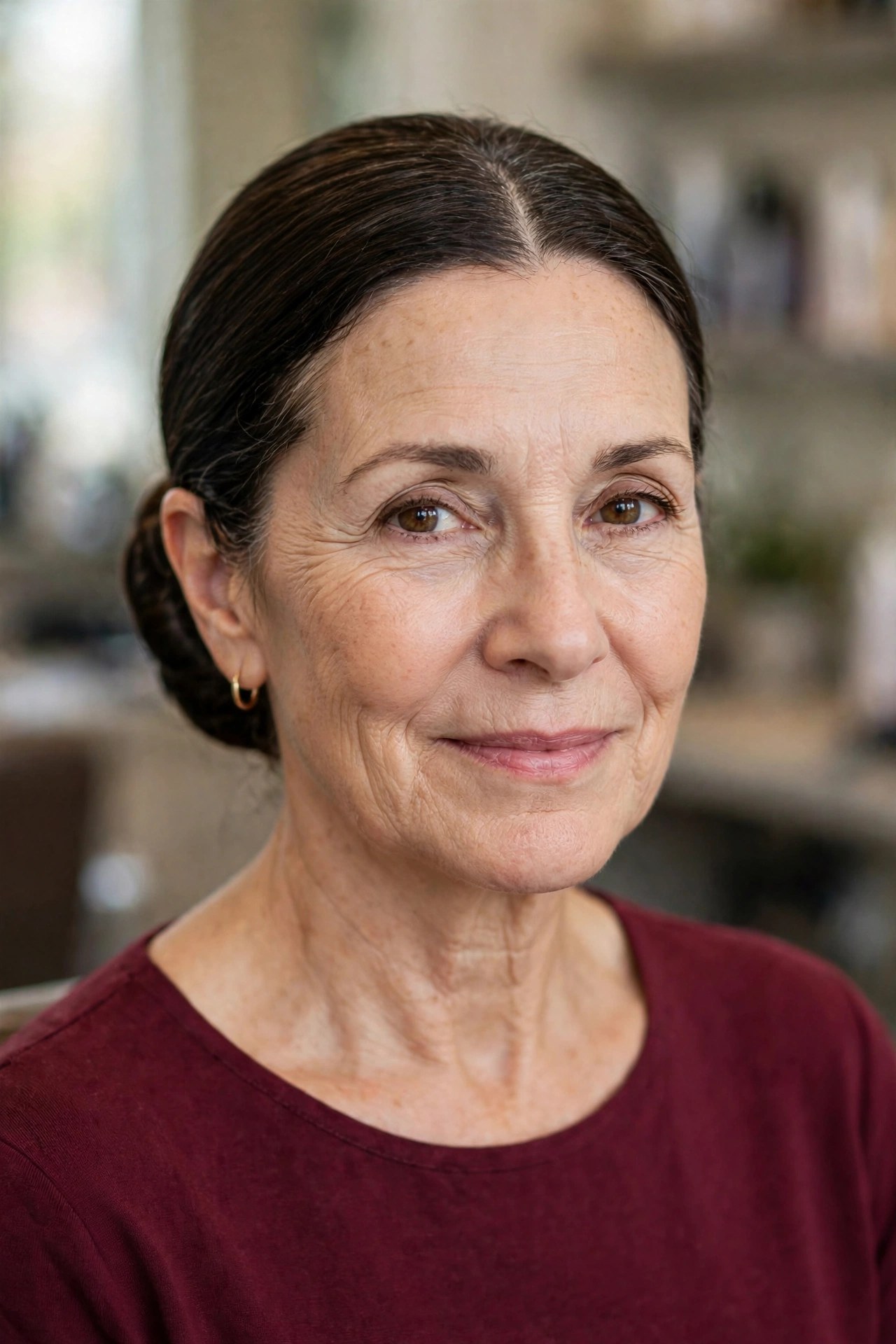 The Sleek Low Bun on a woman over 50 - easy everyday hairstyle