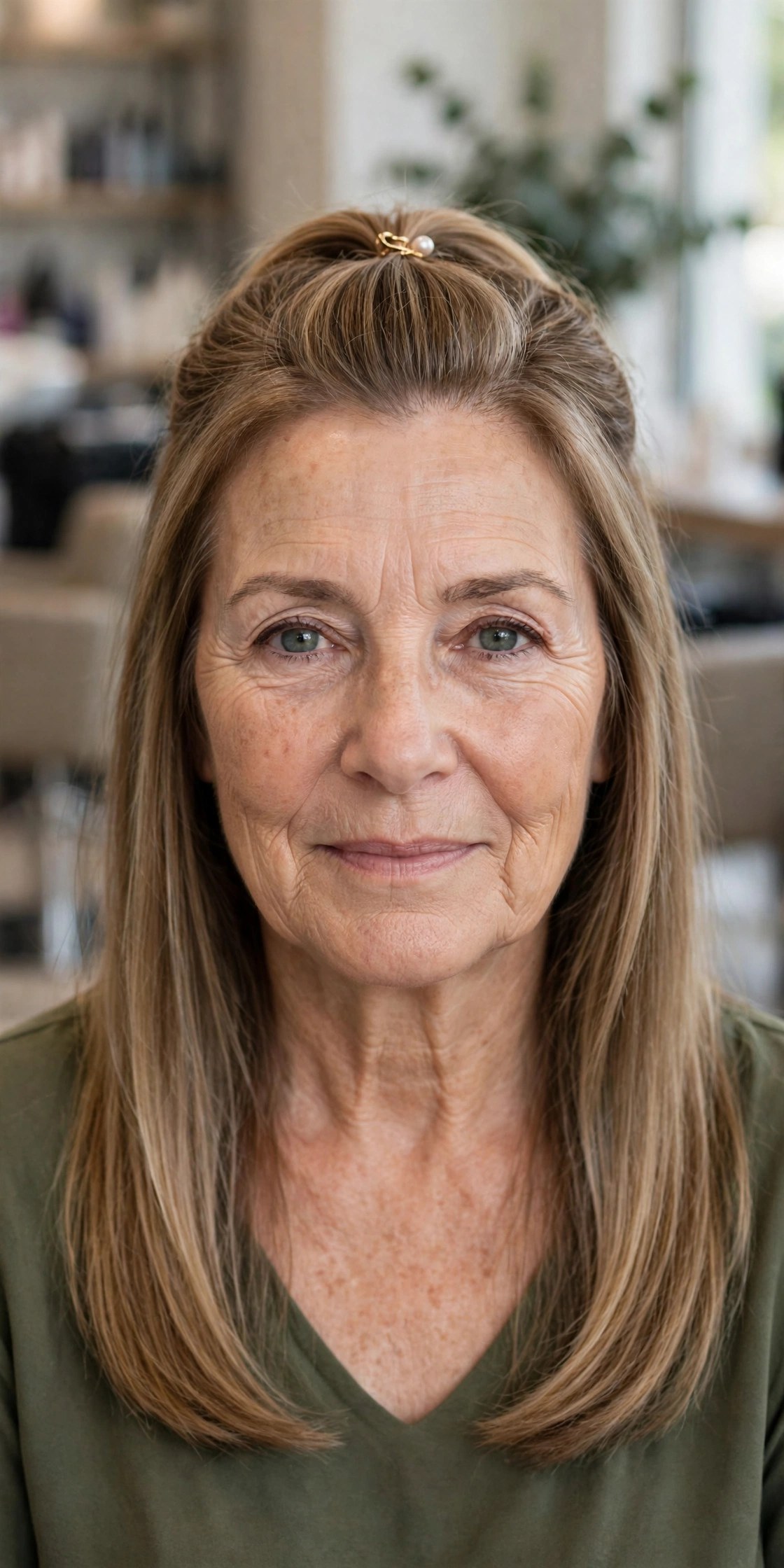 The Half-Up Mini Clip on a woman over 50 - easy everyday hairstyle