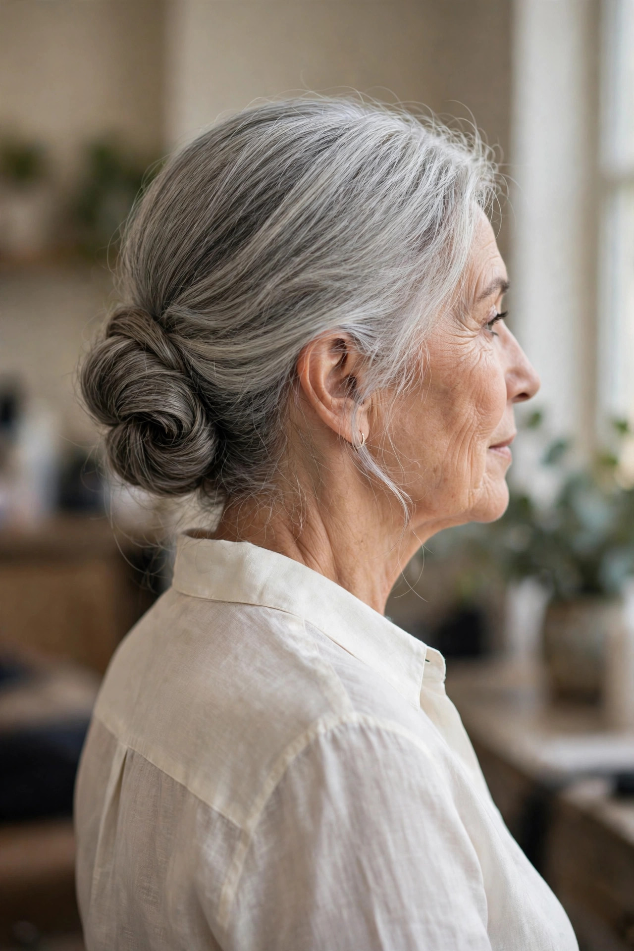 Low chignon updo on a woman over 50 with medium silver hair